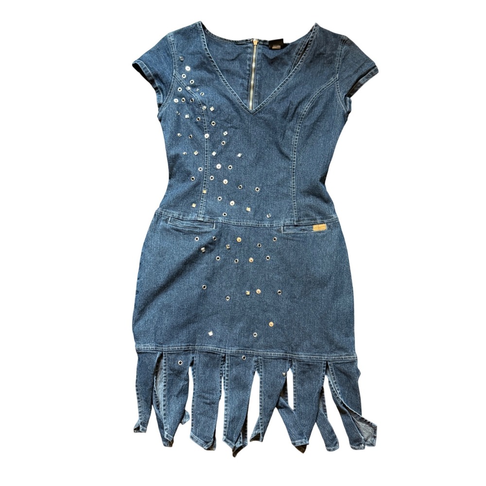 FUBU Collection Denim Dress Women 7/8 Blue Studded Grommet Fringe Y2K Fatty Girl